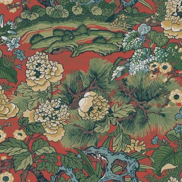 Papel pintado floral estampado multicolor sobre fondo rojo Dynasty Floral Branch CY1541