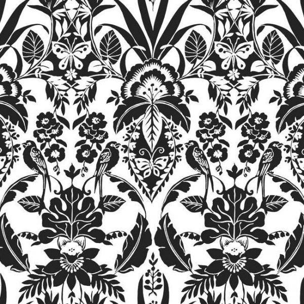 Papel pintado estilo damasco en color negro sobre fondo blanco Botanical Damask CY1585