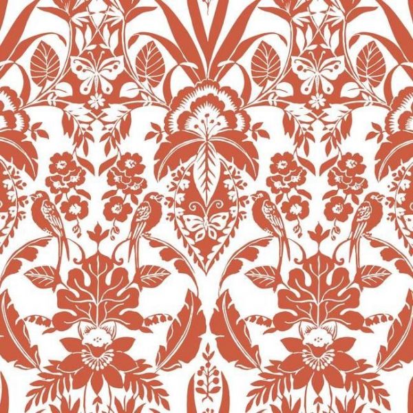 Papel pintado estilo damasco en color naranja sobre fondo blanco Botanical Damask CY1586