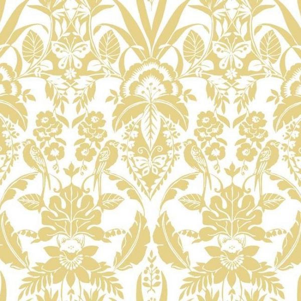 Papel pintado estilo damasco en color amarillo sobre fondo blanco Botanical Damask CY1587