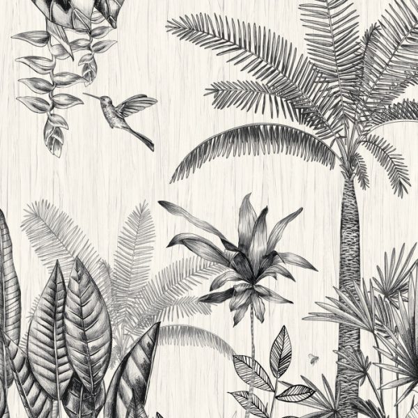 Mural de papel pintado estilo tropical palmeras y otras plantas tropicales en colores negro y gris sobre un fondo blanco Ipanema 74290180