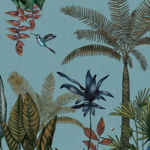 Mural de papel pintado estilo tropical palmeras y otras plantas tropicales en multicolor sobre un fondo azul claro Ipanema 74290282