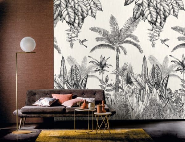 Mural de papel pintado estilo tropical palmeras y otras plantas tropicales en colores negro y gris sobre un fondo blanco Ipanema 74290180