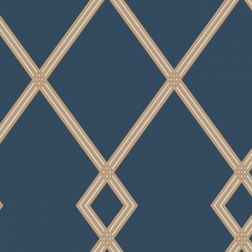 Papel pintado estilo geométrico-trellis rayas en beige sobre fondo azul oscuro Ribbon Stripe Trellis CY1506