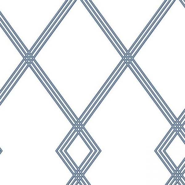 Papel pintado estilo geométrico-trellis rayas en azul sobre fondo blanco Ribbon Stripe Trellis CY1507