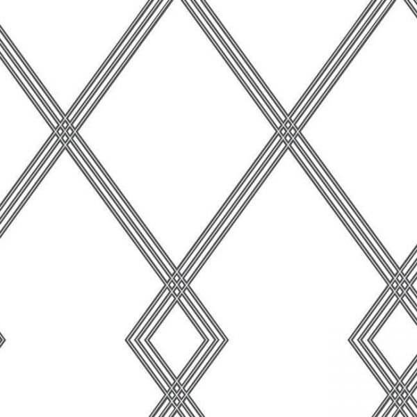 Papel pintado estilo geométrico-trellis rayas en negro sobre fondo blanco Ribbon Stripe Trellis CY1509