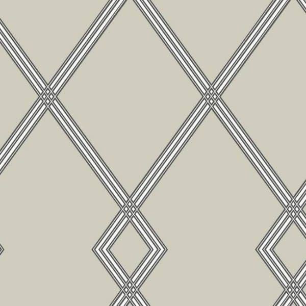 Papel pintado estilo geométrico-trellis rayas en negro sobre fondo beige oscuro Ribbon Stripe Trellis CY1510