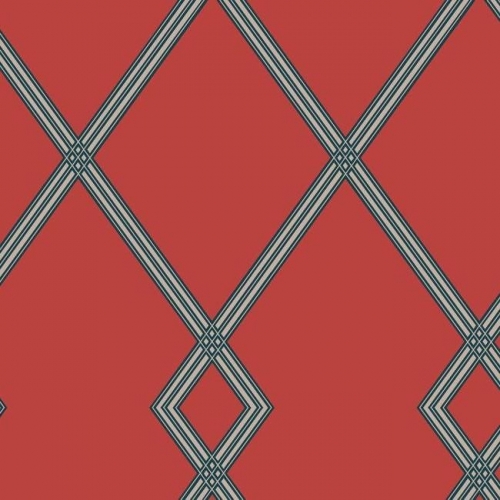 Papel pintado estilo geométrico-trellis rayas en gris sobre fondo rojo Ribbon Stripe Trellis CY1512