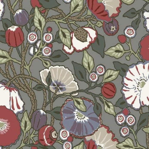 Papel pintado de estilo floral estampado multicolor con fondo gris Vincent Poppies CY1518