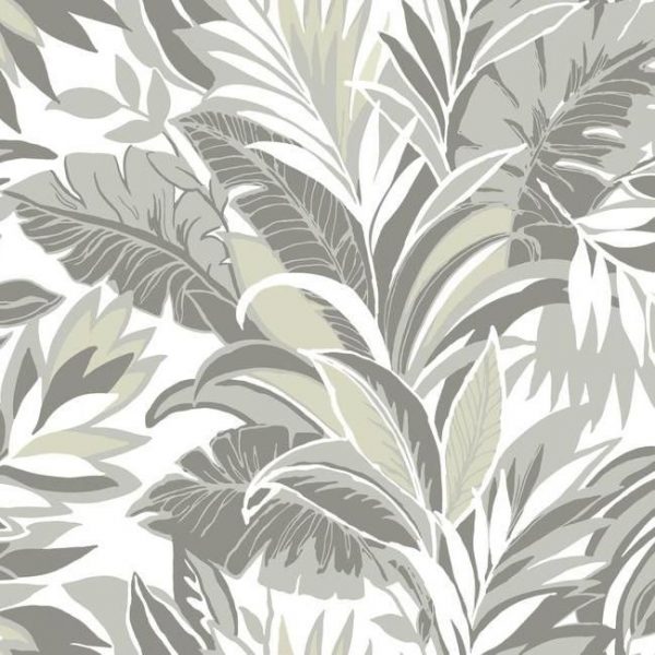 Papel pintado estilo tropical gris y verde sobre fondo blanco Palm Silhouette CY1566