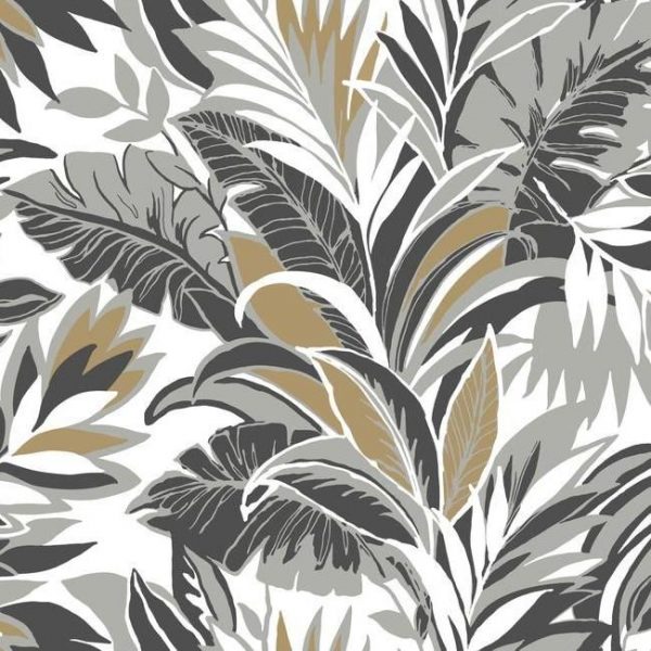 Papel pintado estilo tropical en gris, negro y dorado sobre fondo blanco Palm Silhouette CY1567