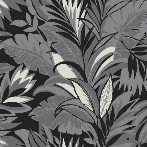Papel pintado estilo tropical en gris y negro sobre fondo negro Palm Silhouette CY1568