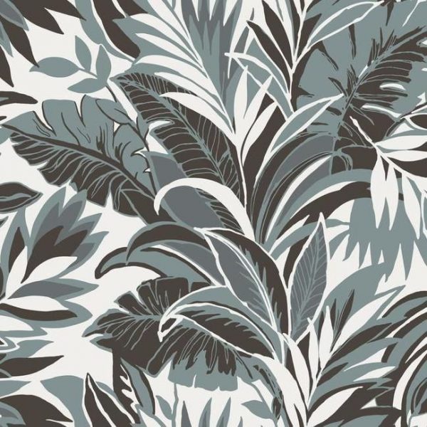 Papel pintado estilo tropical en azul y marrón oscuro sobre fondo blanco Palm Silhouette CY1569