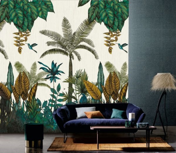 Mural de papel pintado estilo tropical palmeras y otras plantas tropicales en colores azul y verde sobre un fondo blanco Ipanema 74290384