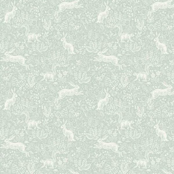 Papel pintado estilo animales en blanco sobre fondo verde claro Fable RI5101