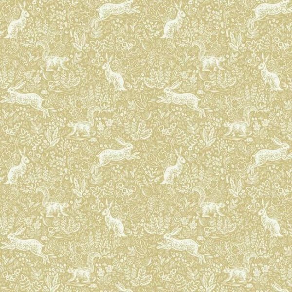 Papel pintado estilo animales en blanco sobre fondo dorado metálico Fable RI5103