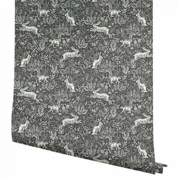 Papel pintado estilo animales en blanco sobre fondo negro Fable RI5105