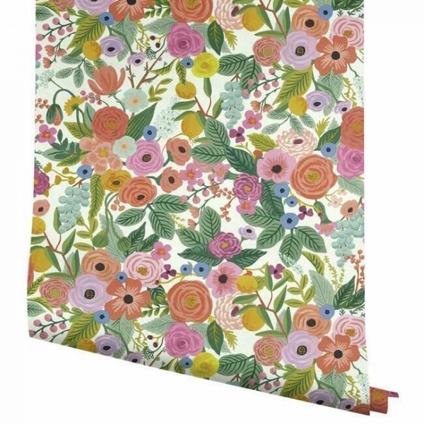 Papel pintado de estilo estampado floral multicolor sobre fondo blanco Garden Party RI5119