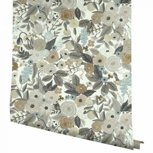 Papel pintado de estilo estampado floral en colores marrones y beige sobre fondo blanco Garden Party RI5121