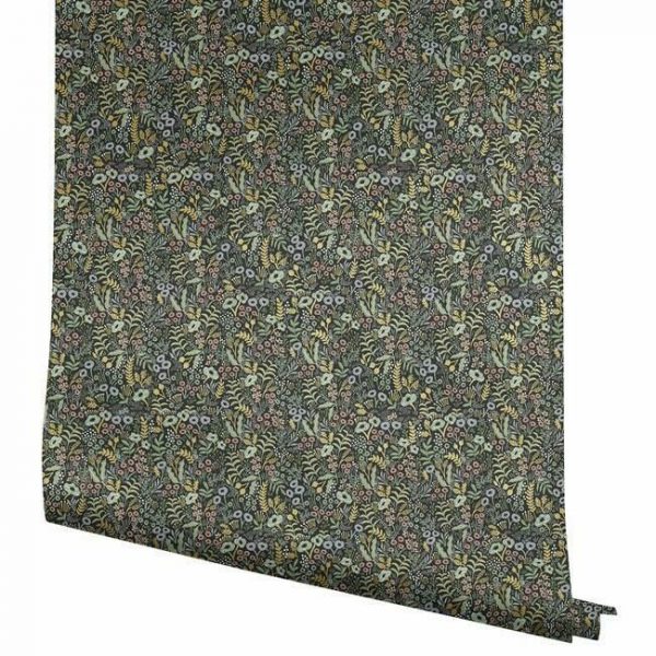 Papel pintado estilo estampado floral multicolor sobre fondo negro Tapestry RI5124