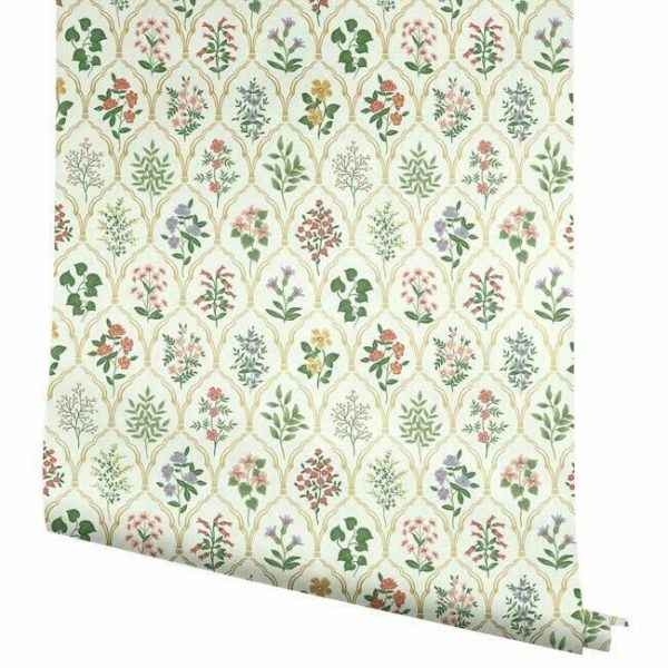 Papel pintado de estilo estampado floral multicolor sobre fondo beige Hawthorne RI5130