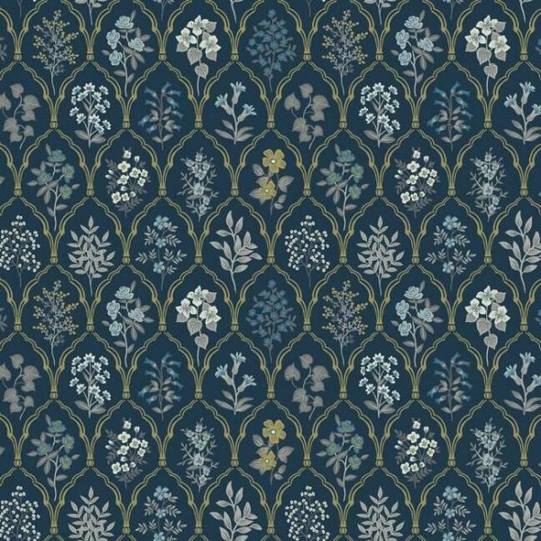 Papel pintado de estilo estampado floral en tonos de azul sobre fondo azul oscuro Hawthorne RI5131