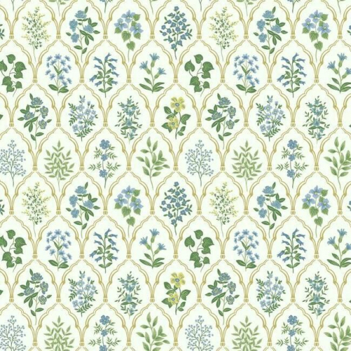 Papel pintado de estilo estampado floral en tonos verdes y azules sobre fondo blanco Hawthorne RI5132