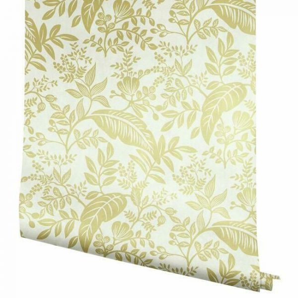 Papel pintado estilo hojas en color dorado metálico sobre fondo blanco Canopy RI5138