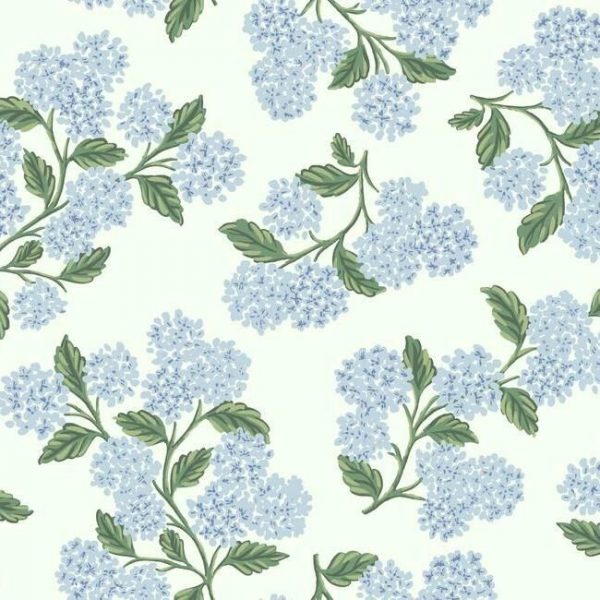Papel pintado estilo flores en azul sobre fondo blanco Hydrangea RI5143