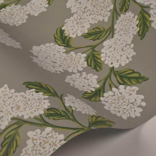 Papel pintado estilo flores en color blanco sobre fondo gris Hydrangea RI5144