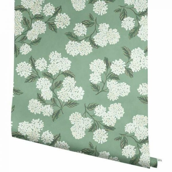 Papel pintado estilo flores en blanco sobre fondo color verde Hydrangea RI5145
