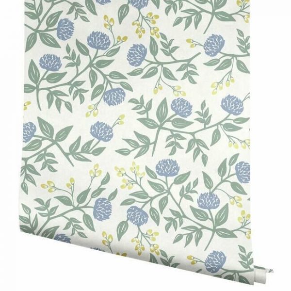 Papel pintado estilo flores en color azul y dorado sobre fondo blanco Peonies RI5148