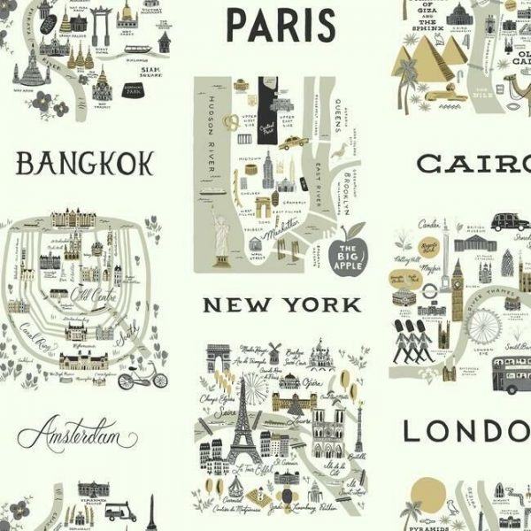 Papel pintado estilo arquitectura y ciudades en tonos grises con detalles metálicos dorados sobre fondo blanco City Maps RI5161