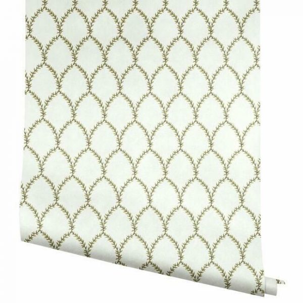 Papel pintado estilo trellis hojas doradas sobre fondo blanco Laurel RI5176