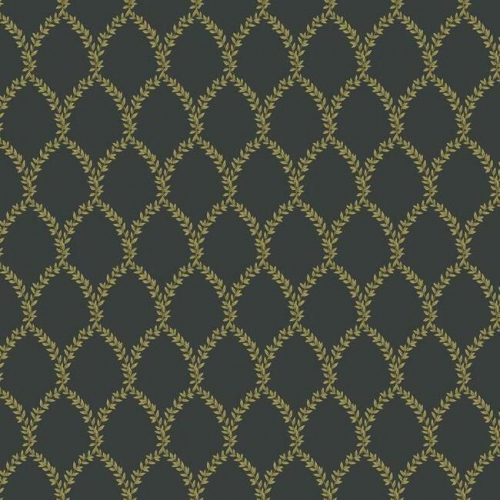 Papel pintado estilo trellis hojas doradas sobre fondo negro Laurel RI5177
