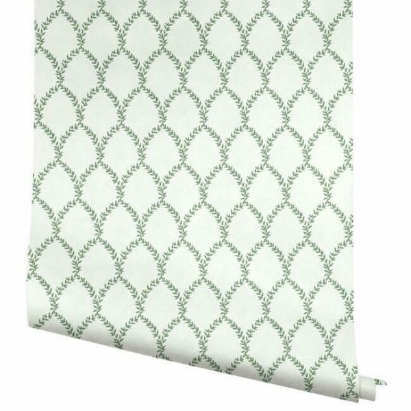 Papel pintado estilo trellis hojas verdes sobre fondo blanco Laurel RI5178