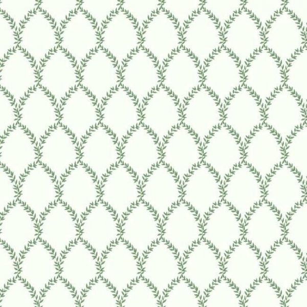 Papel pintado estilo trellis hojas verdes sobre fondo blanco Laurel RI5178