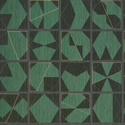 Papel pintado estilo abstracto figuras geométricas en colores negro y verde Kutani Vinyl W7557-05