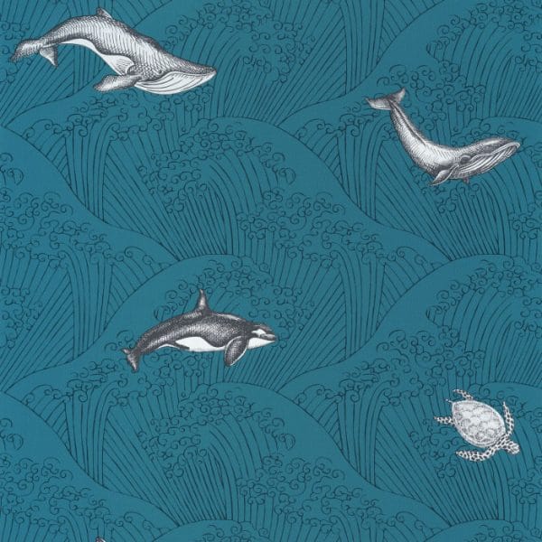 Papel pintado estilo infantil con pequeños dibujos de ballenas en un mar con olas grandes en color azul Under the Sea 102016608