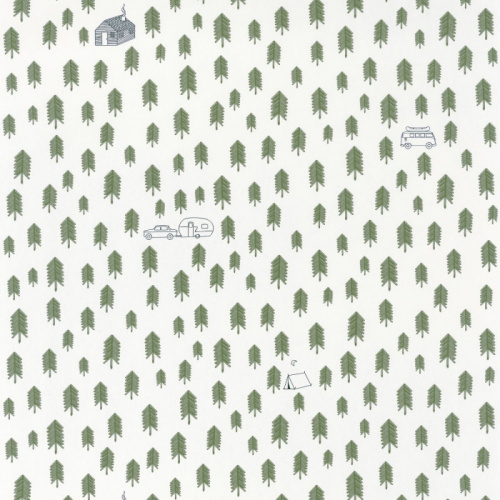 Papel pintado estilo infantil con pequeños dibujos de árboles verdes y motivos de camping sobre fondo blanco Summer Camp 101977417