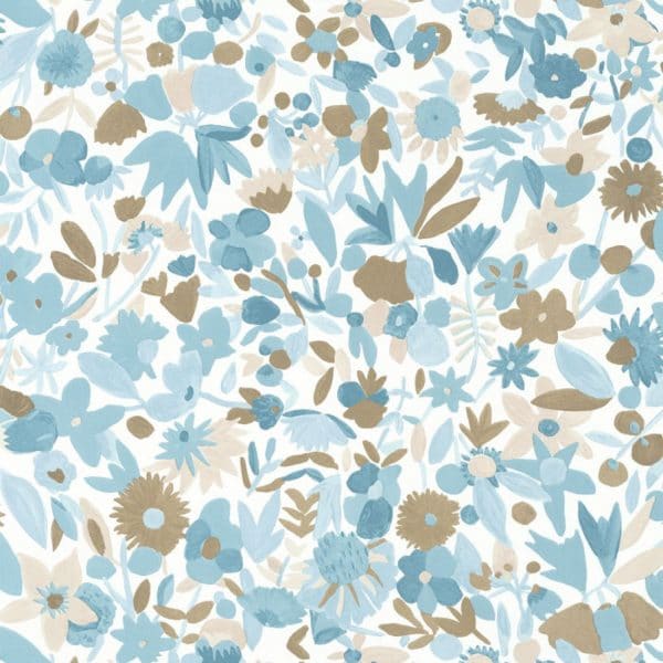 Papel pintado de flores en tonos azules y beige sobre fondo blanco Naïveté 102196027