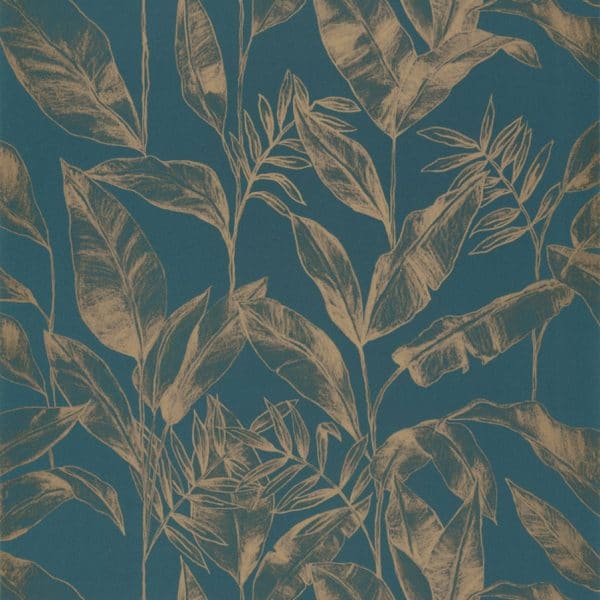 Papel pintado de hojas en dorado sobre fondo azul oscuro Delicate 102636124