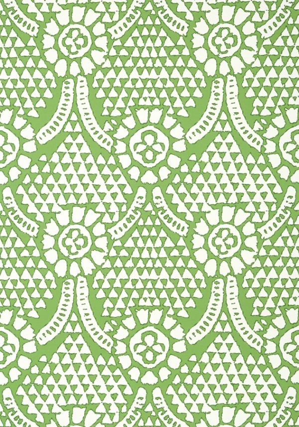 Papel pintado de medallones en color blanco sobre fondo verde Chamomile T14318