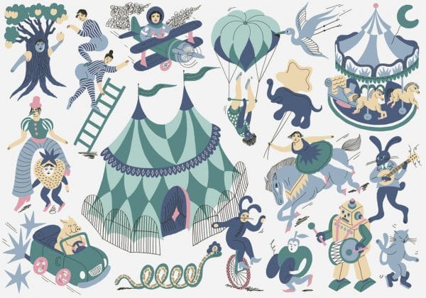 Mural de papel pintado infantil circo en color verde Magic Circus 9700111