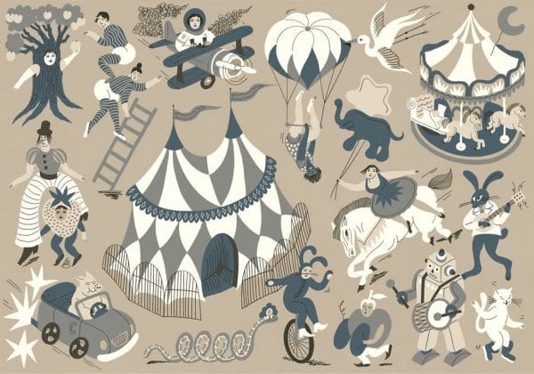 Mural de papel pintado infantil circo en color marrón Magic Circus 9700112