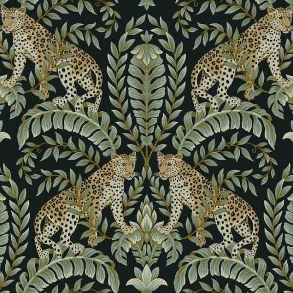 Papel pintado de animales en color negro y verde Jungle Leopard KT2205