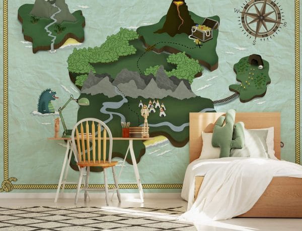Mural de papel pintado infantil en color verde Treasure Map 9700070