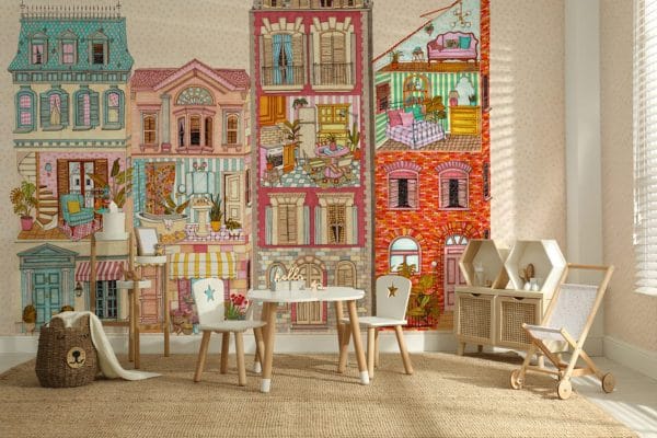 Mural de papel pintado infantil casa de muñecas en color gris Dolls House 9700123