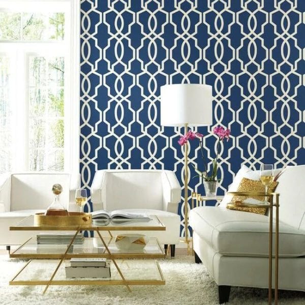 Papel pintado de trellis en color azul Hourglass Trellis GM7522