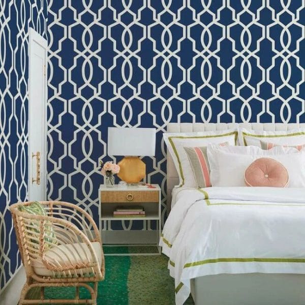 Papel pintado de trellis en color azul Hourglass Trellis GM7522